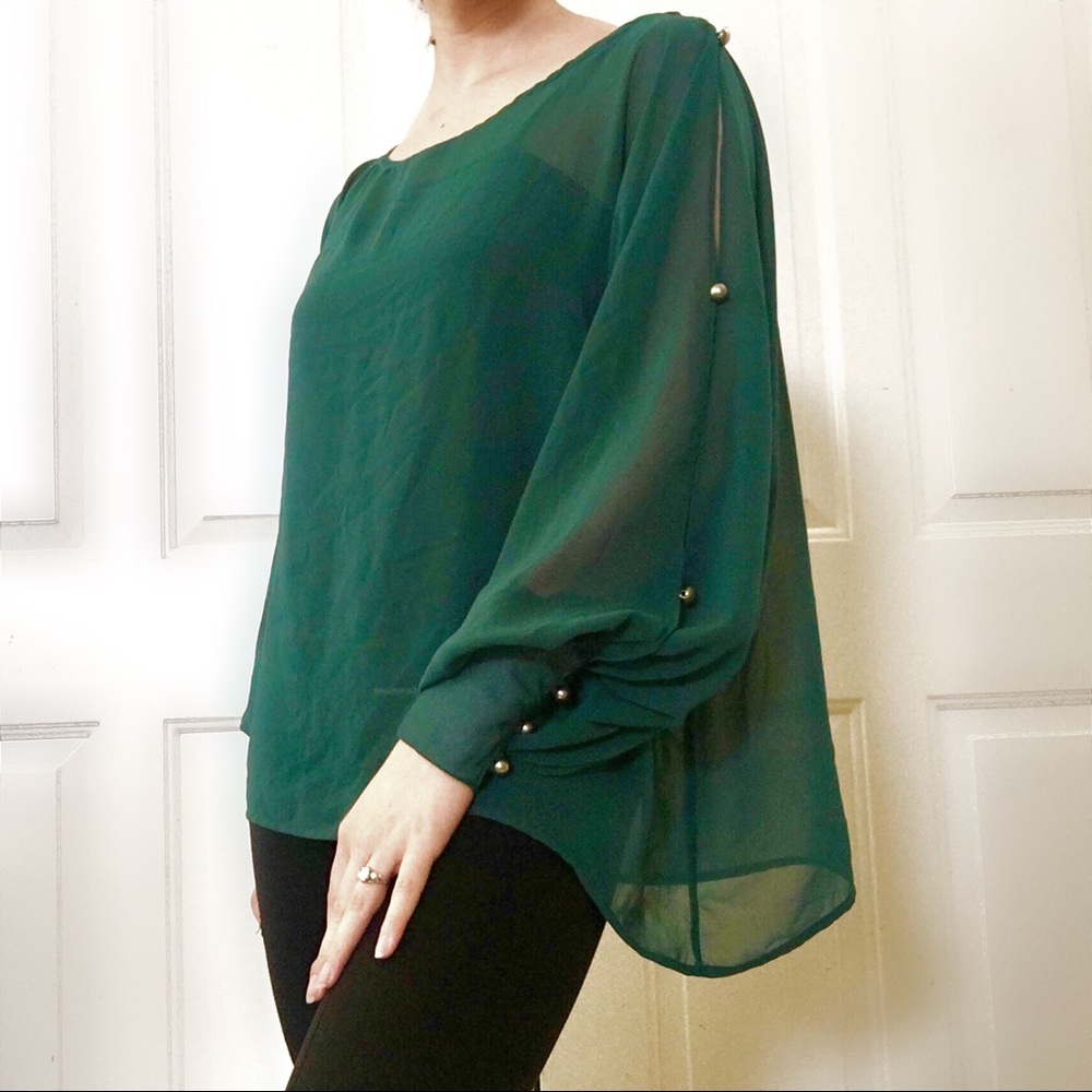 Green Blouse See-Through Material Open Sleeve Bishop Style
